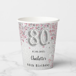 80th birthday silver pink glitter dust monogram paper cups