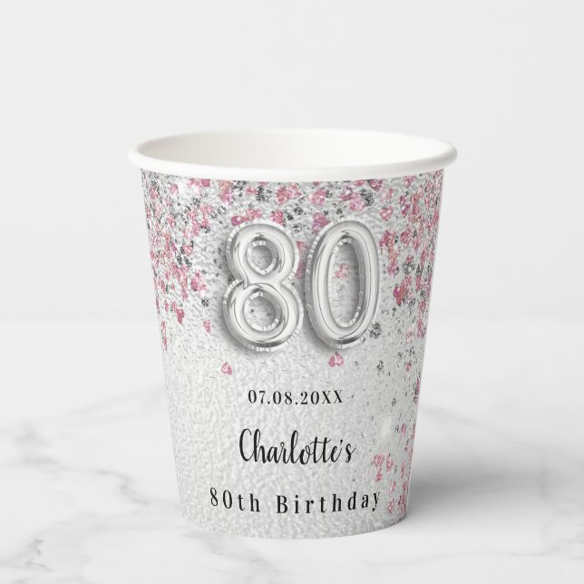 80th birthday silver pink glitter paper cups (Back)
