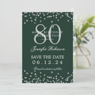 80th Birthday Silver Save Date Confetti Green Invitation