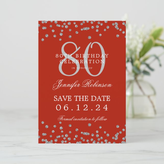 80th Birthday Silver Save Date Confetti Red  Invitation (Standing Front)