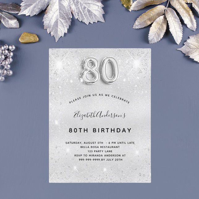 80th birthday silver sparkles invitation postcard (Creator Uploaded)