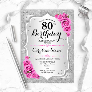 80th Birthday - Silver Stripes Pink Roses Invitation