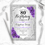 80th Birthday - Silver Stripes Purple Roses Invitation<br><div class="desc">80th Birthday Invitation. Elegant floral design in silver and purple. Features faux glitter silver stripes,  purple roses stylish script font and confetti. Perfect for a glam birthday party.</div>