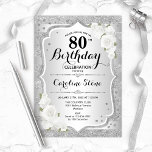 80th Birthday - Silver Stripes White Roses Invitation<br><div class="desc">80th Birthday Invitation. Elegant floral design in silver and white. Features faux glitter silver stripes,  white roses stylish script font and confetti. Perfect for a glam birthday party.</div>