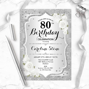 80th Birthday - Silver Stripes White Roses Invitation