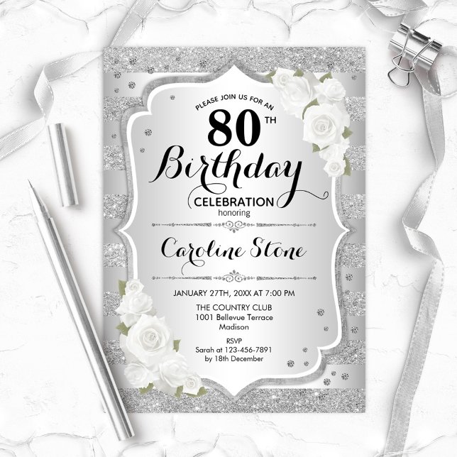 80th Birthday - Silver Stripes White Roses Invitation (Creator Uploaded)