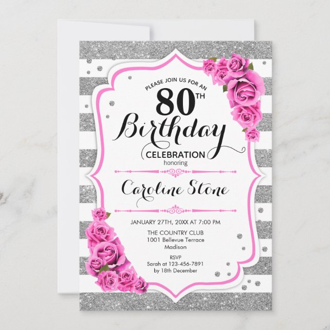 80th Birthday -  Silver White Stripes Pink Roses Invitation (Front)