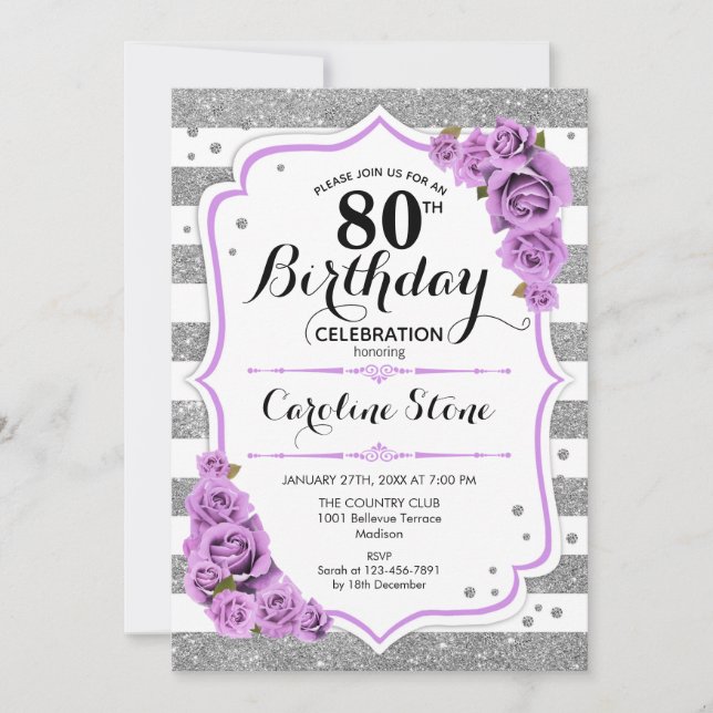 80th Birthday -  Silver White Stripes Purple Roses Invitation (Front)