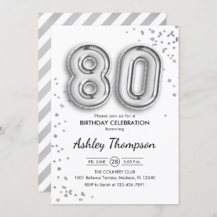 80th Birthday - Slver Balloons Invitation