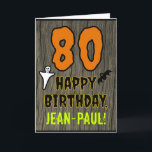 80th Birthday: Spooky Halloween Theme, Custom Name Card<br><div class="desc">The front of this spooky and scary Halloween birthday themed greeting card design features a large number "80", along with the message "HAPPY BIRTHDAY, ", and a custom name. There are also depictions of a bat and a ghost on the front. The inside features a customized birthday greeting message, or...</div>