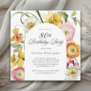 80th Birthday Spring Garden Watercolor Floral  Invitation