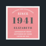 80th Birthday Standards Born 1941 Pink Add Name Napkin<br><div class="desc">80th birthday standards born 1941 pink and grey napkin. Easily customise the text of this birthday napkin using the template provided. Part of the setting standards range of cards and gifts..</div>