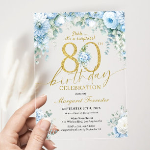80th Birthday Surprise Gold Dusty Blue Elegant Acrylic Invitations
