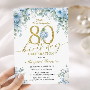 80th Birthday Surprise Gold Dusty Blue Elegant Invitation