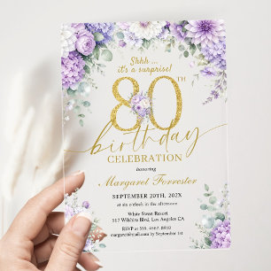 80th Birthday Surprise Gold Purple Floral Elegant Acrylic Invitations