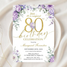 80th Birthday Surprise Gold Purple Floral Elegant