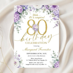 80th Birthday Surprise Gold Purple Floral Elegant Invitation