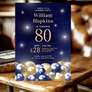80th Birthday Surprise Navy Blue Gold Balloons Invitation