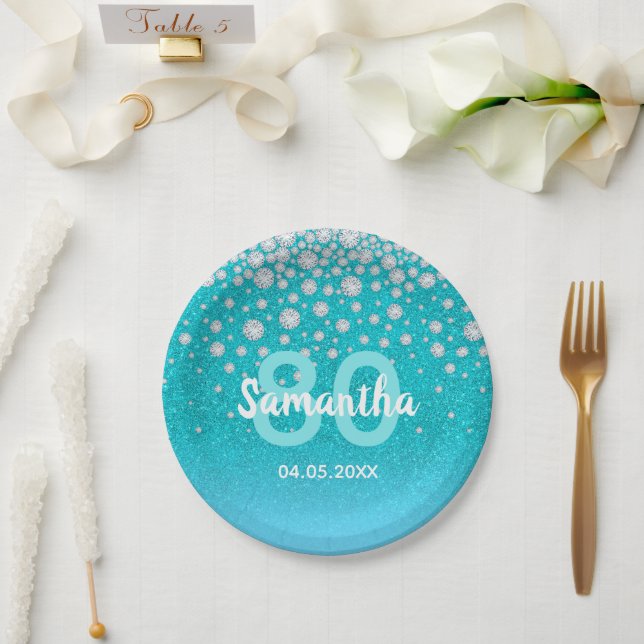 80th birthday teal blue green glitter name paper plate (Wedding)