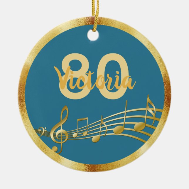 80th birthday teal blue green gold music notes ceramic tree decoration (Front)