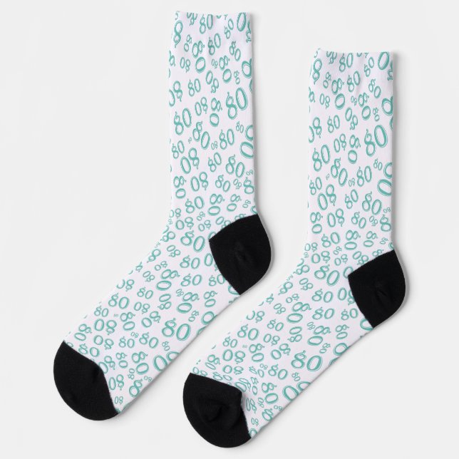 80th Birthday Teal Random Number Pattern Socks (Left)