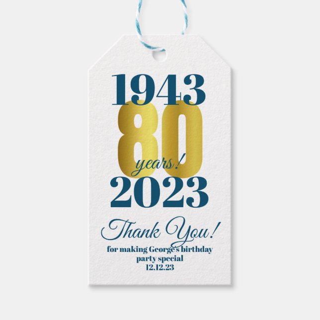 80th Birthday Thank You Gift Tags (Front)