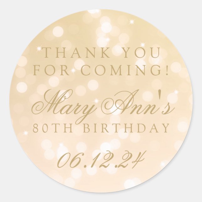 80th Birthday Thank You Gold Bokeh Sparkle Lights Classic Round Sticker (Front)