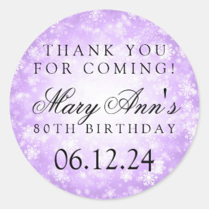 80th Birthday Thank You Purple Winter Wonderland Classic Round Sticker