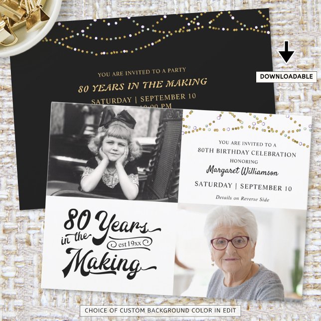 80th Birthday Then & Now Photos String Lights Invi Invitation (Creator Uploaded)