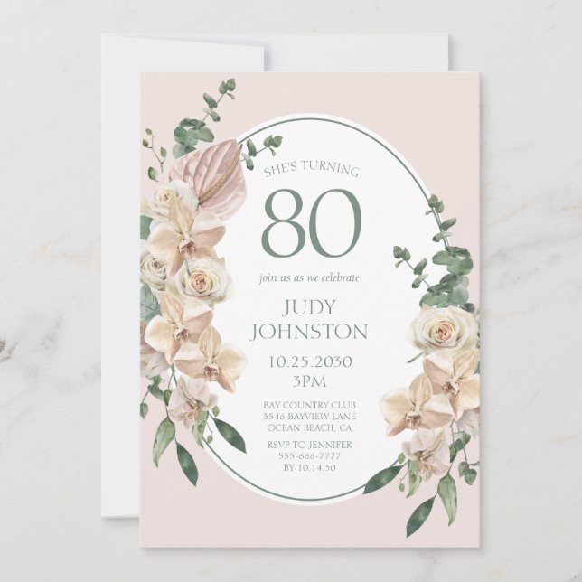 80th Birthday Tropical Floral Invitation (Front)