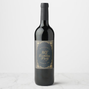 80th Birthday Vintage Blue Gold Elegant Script Wine Label