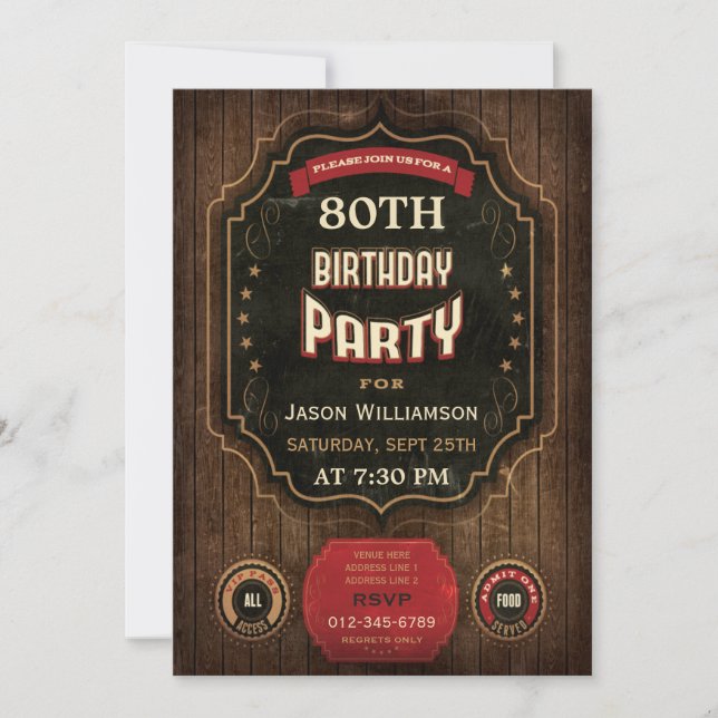 80th Birthday Vintage Chalkboard & Wood Invitation (Front)