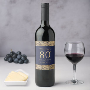 80th Birthday Vintage Elegant Navy Blue Gold Roses Wine Label