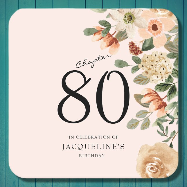 80th Birthday Vintage Floral Square Paper Coaster (Discover how our elegant 80th Birthday Vintage Floral paper coasters can add a touch of class. )