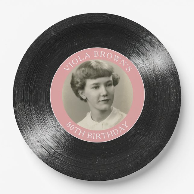 80th Birthday Vinyl Record Pink Paper Plate (Front)