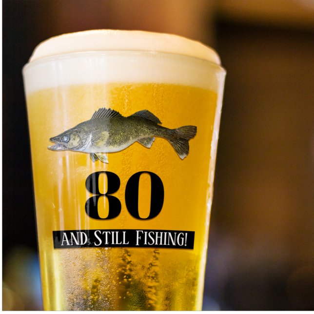 80th Birthday Walleye Fishing Men's Glass (Walleye Fishing Birthday Beer Glass)