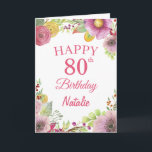 80th Birthday Watercolor Floral Flowers Pink Card<br><div class="desc">80th Birthday Watercolor Floral Flowers Pink Card with personalised name and age. For further customisation,  please click the "Customise it" button and use our design tool to modify this template.</div>