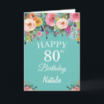 80th Birthday Watercolor Floral Flowers Teal Card<br><div class="desc">80th Birthday Watercolor Floral Flowers Teal Card with personalised name and age. For further customisation,  please click the "Customise it" button and use our design tool to modify this template.</div>