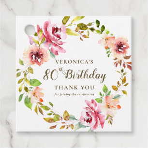 80th Birthday Watercolor Floral Thank You Favour Tags