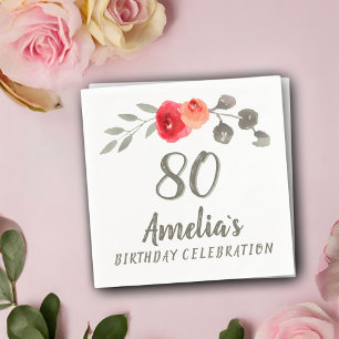 80th Birthday Watercolor Rose Floral Party Napkin