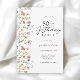 80th Birthday Watercolor Wildflowers Floral  Invitation