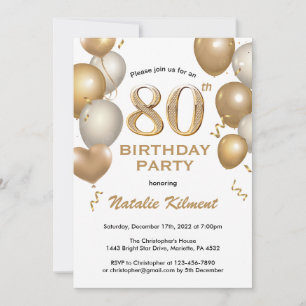 80th Birthday White and Gold Glitter Balloons Invitation