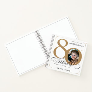 80th Birthday White Gold Calligraphy Guestbook  Notebook