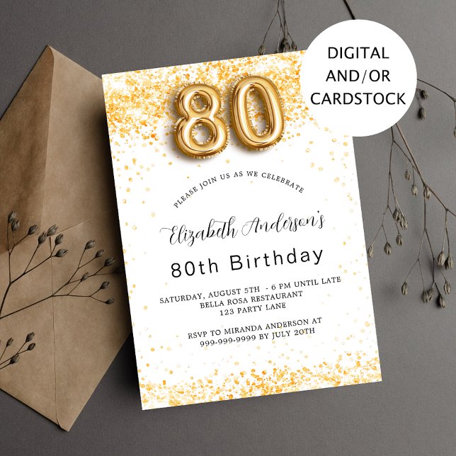 80th birthday white gold glitter elegant invitation (Creator Uploaded)