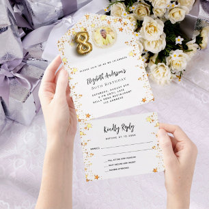 80th birthday white gold stars photo party RSVP All In One Invitation