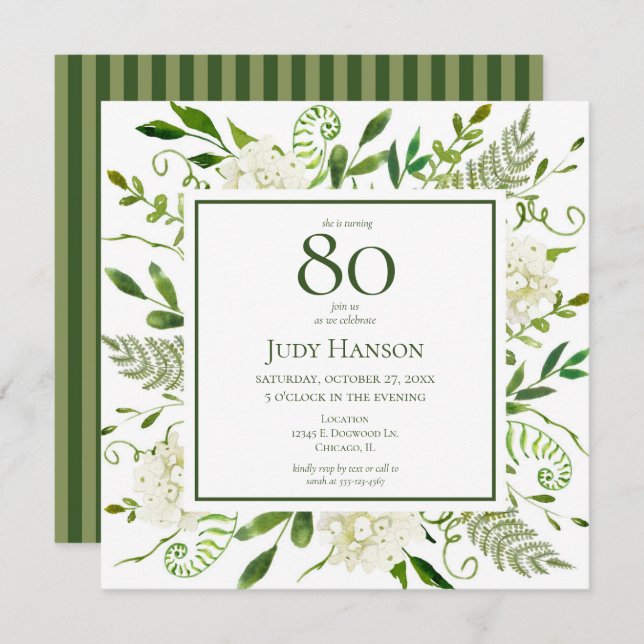 80th Birthday White Hydrangeas Invitation (Front/Back)