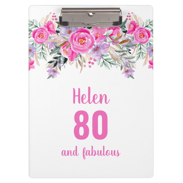 80th birthday white pink floral clipboard (Front)