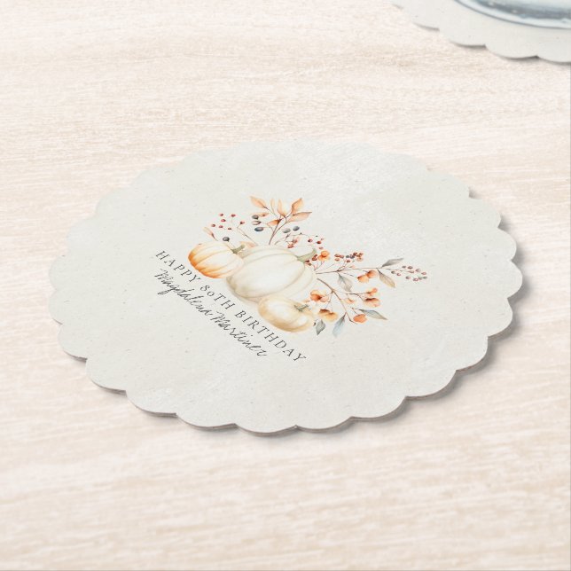 80th Birthday White Pumpkin Fall Leaves Custom Paper Coaster (Angled)