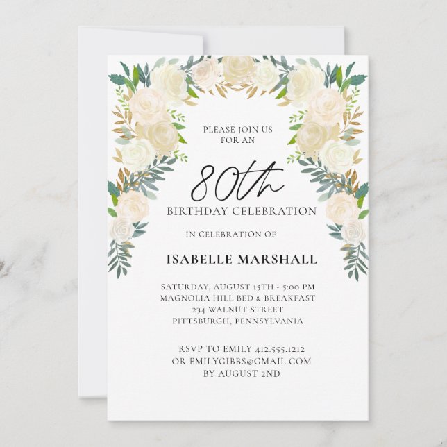 80th Birthday White Roses Floral Script Party  Invitation (Front)