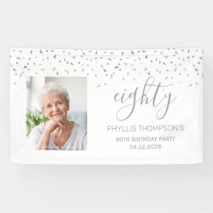 80th Birthday White Silver Confetti Photo Banner